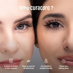 CURACORO professional eyelash glue black bottle demonstrates discreet, strong hold for lash artists.