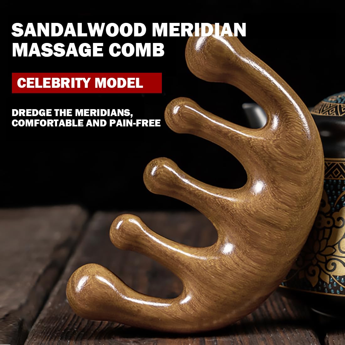 Cureder green sandalwood wide-tooth comb closeup for gentle detangling