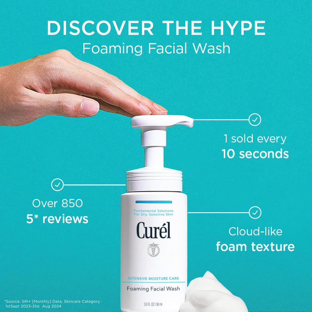 Close-up of Curel foaming face wash lather highlighting rich, creamy foam