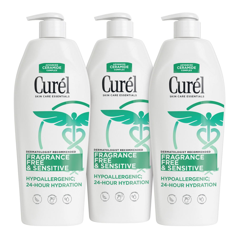 Curel fragrance-free lotion bottle front for dry, sensitive skin.