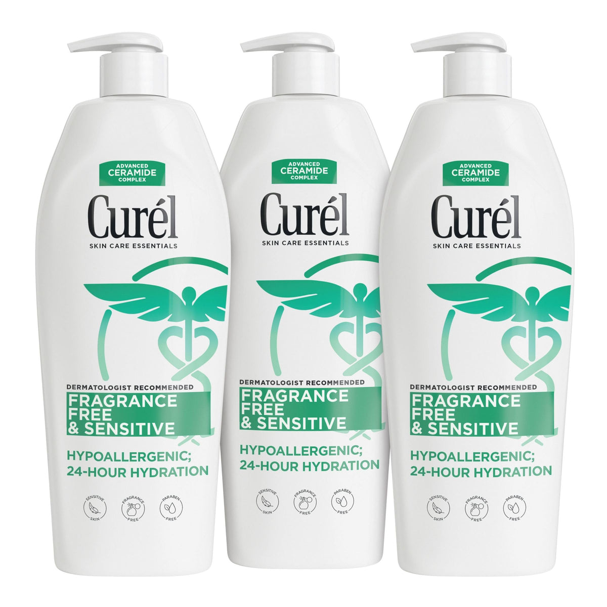 Curel fragrance-free lotion bottle front for dry, sensitive skin.