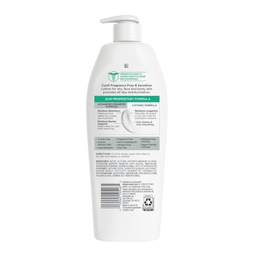 Dermatologist-friendly Curel fragrance-free lotion label on packaging.