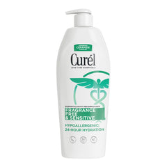 Curél hidratante cuerpo sin fragancia para piel seca, botella, hidratación duradera.