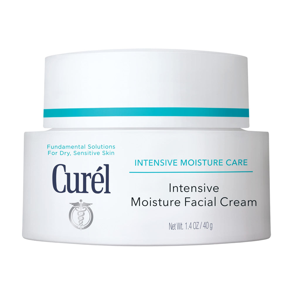 Curel Intensive Face Moisturizer Cream bottle pour demonstrates easy application for dry, sensitive skin.