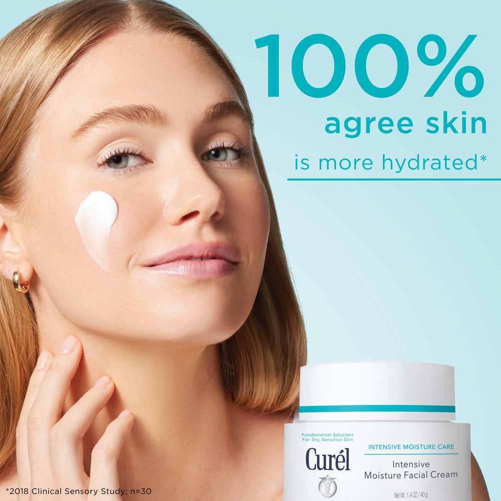 Curel Intensive Face Moisturizer Cream jar closeup reveals creamy texture for deep hydration.