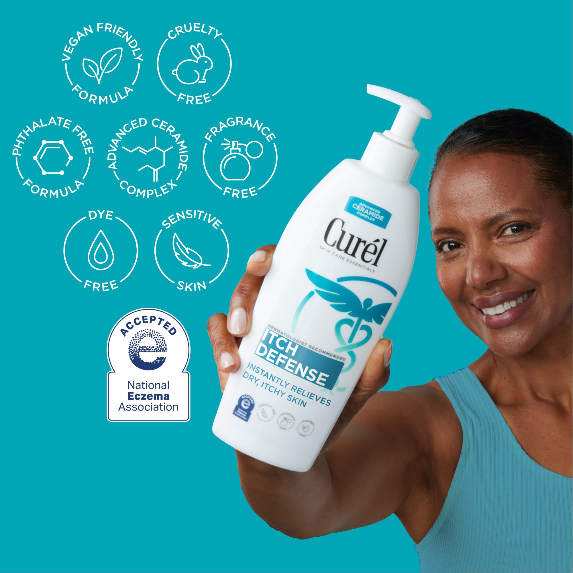 Curél Itch Defense aplicación suave de crema corporal diaria.