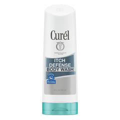 Curél Itch Defense Body Wash bottle shown for soap-free cleansing of dry skin.
