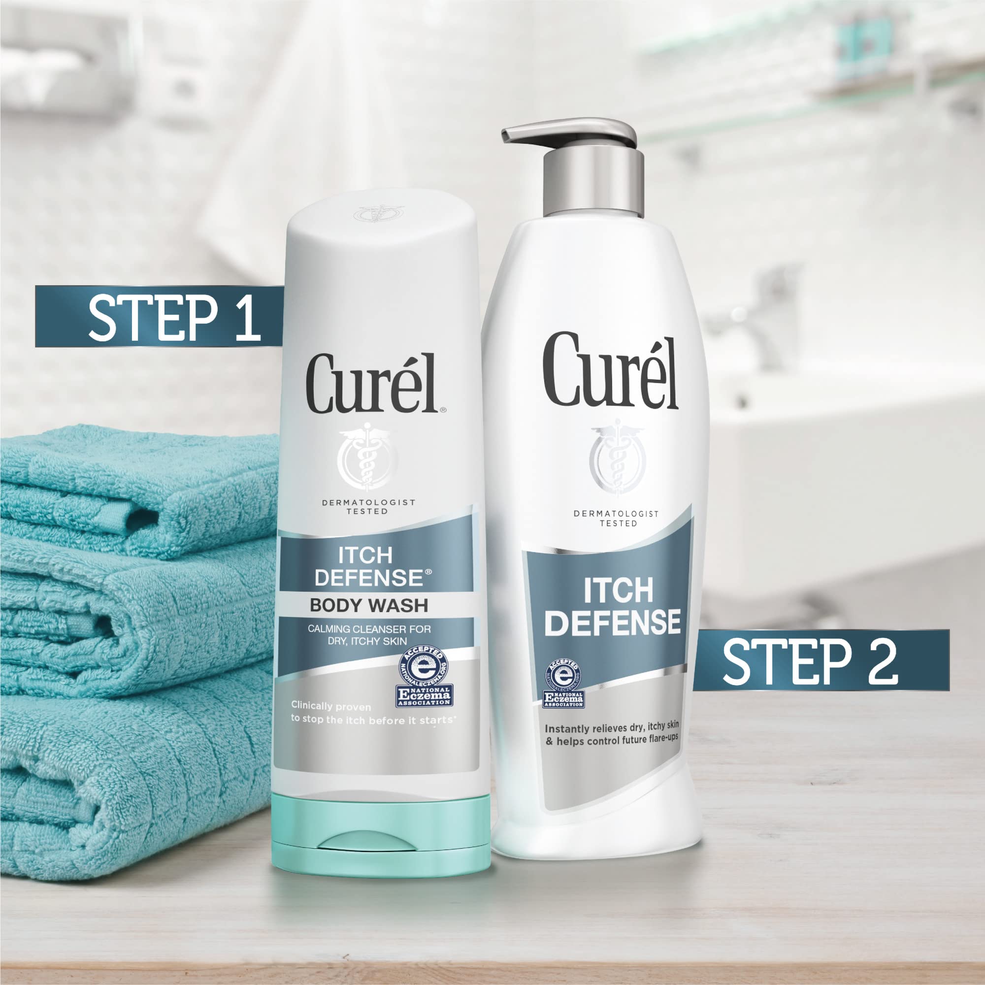 Daily shower usage with Curél Itch Defense cleanser.