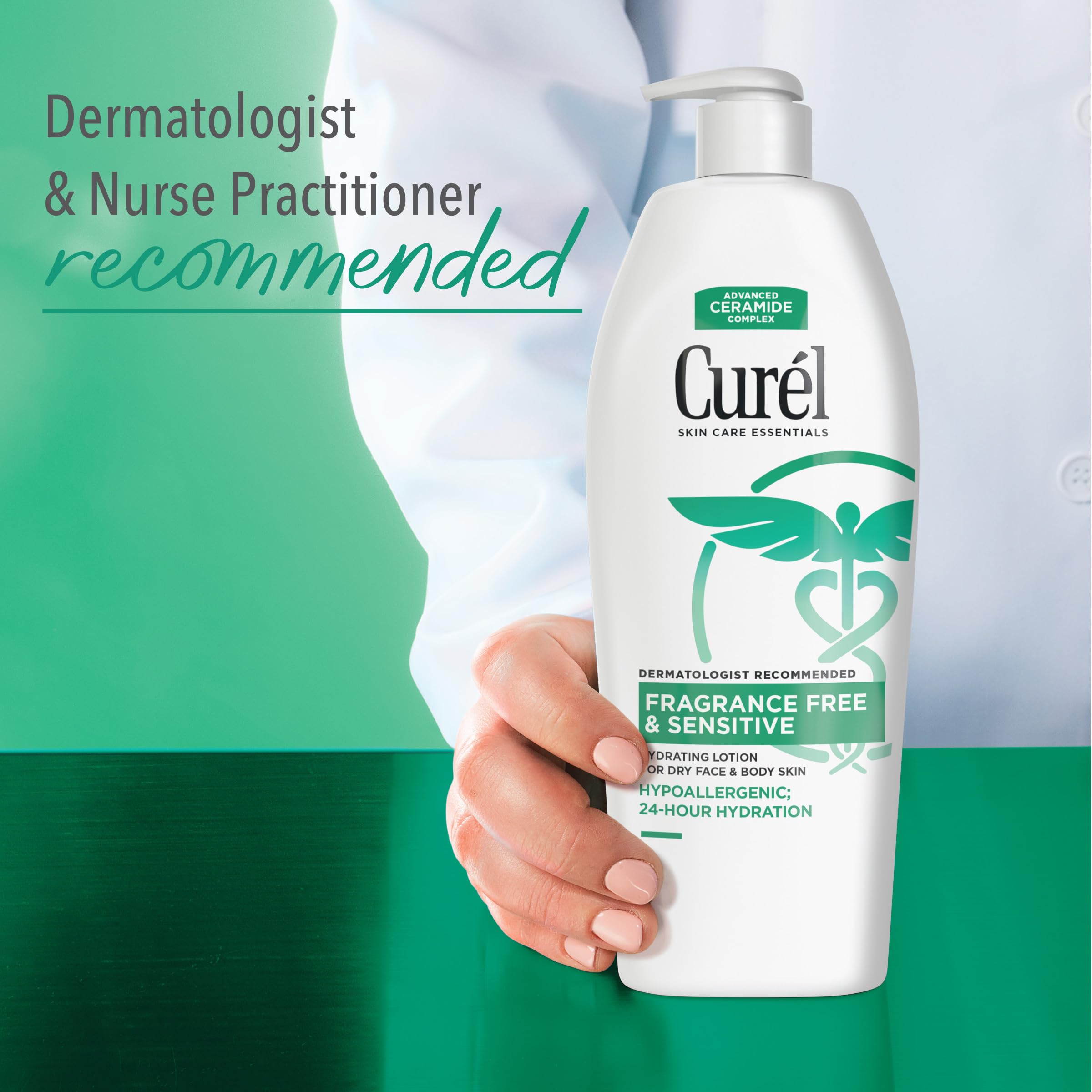 Curél loción dermatológicamente recomendada para piel sensible.
