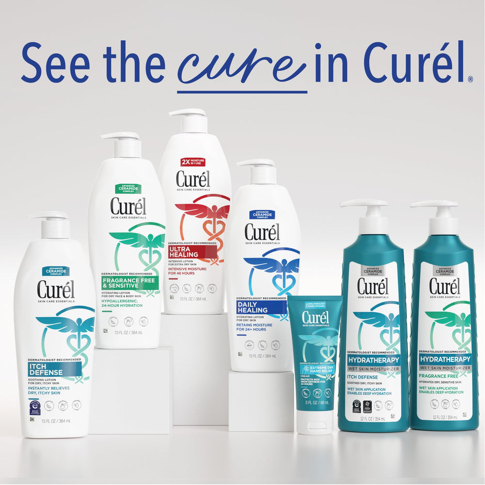 Dermatologist-recommended badge visible on Curel product packaging.