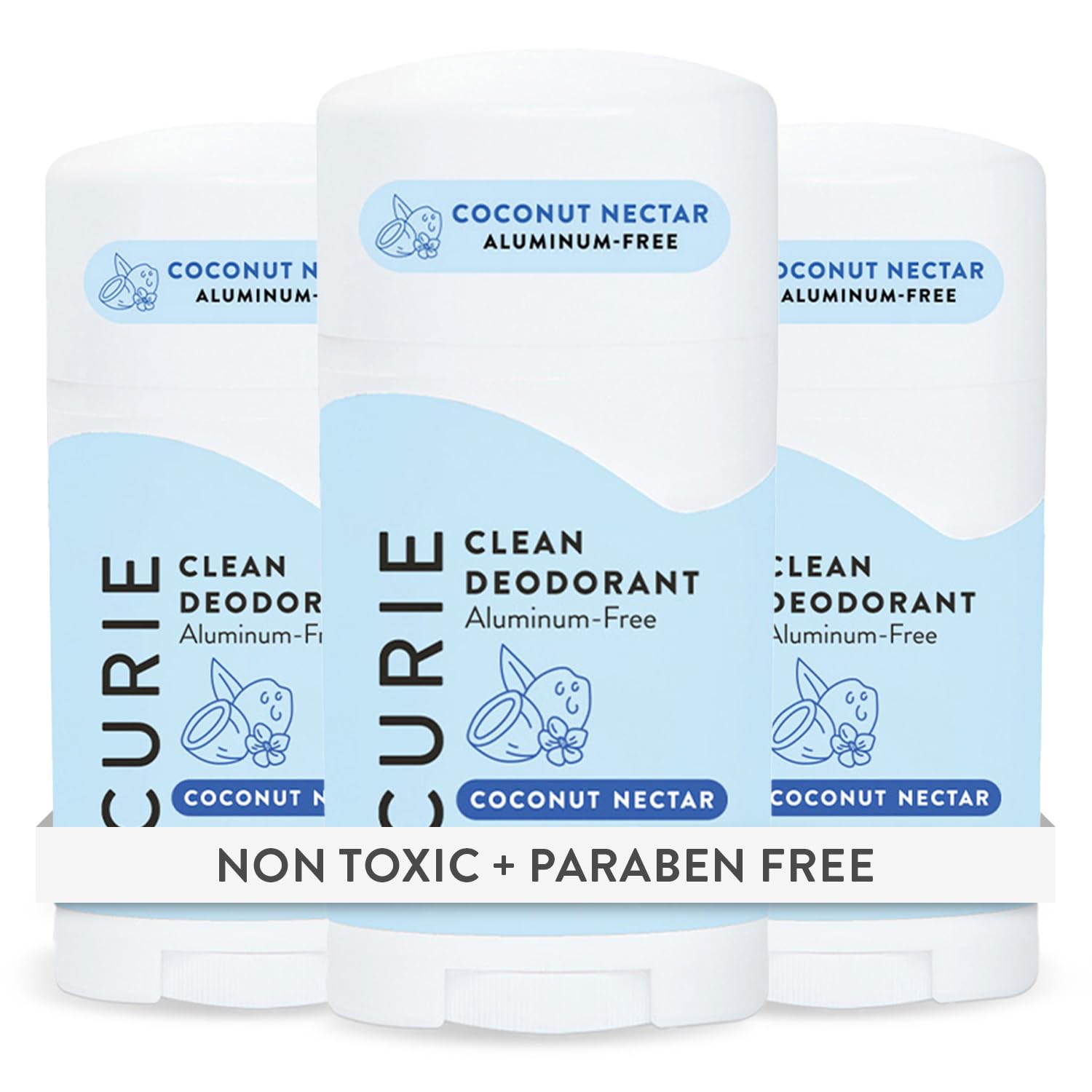 Curie Coconut Nectar deodorant stick 3-pack offering long-lasting freshness for daily wear.
