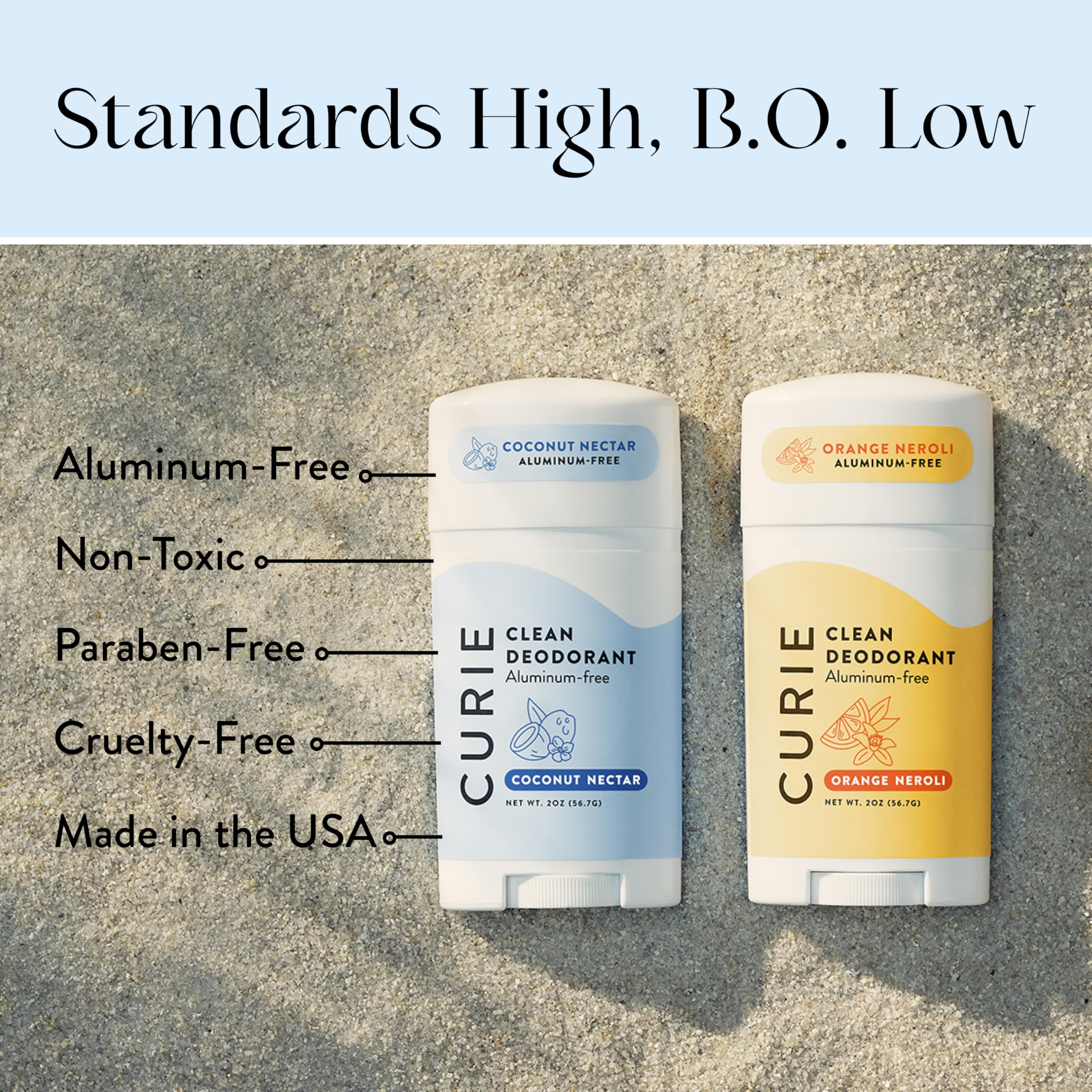 Packaging highlighting Curie’s aluminum-free deodorant formula.