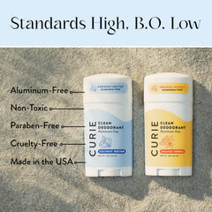 Packaging highlighting Curie’s aluminum-free deodorant formula.