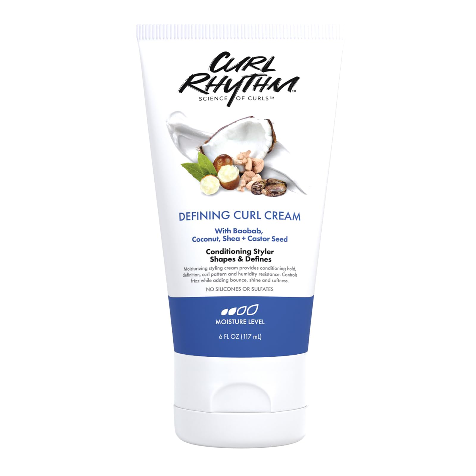 Curl Rhythm Defining Curl Cream bottle shows smooth, hydrated curls with shine.