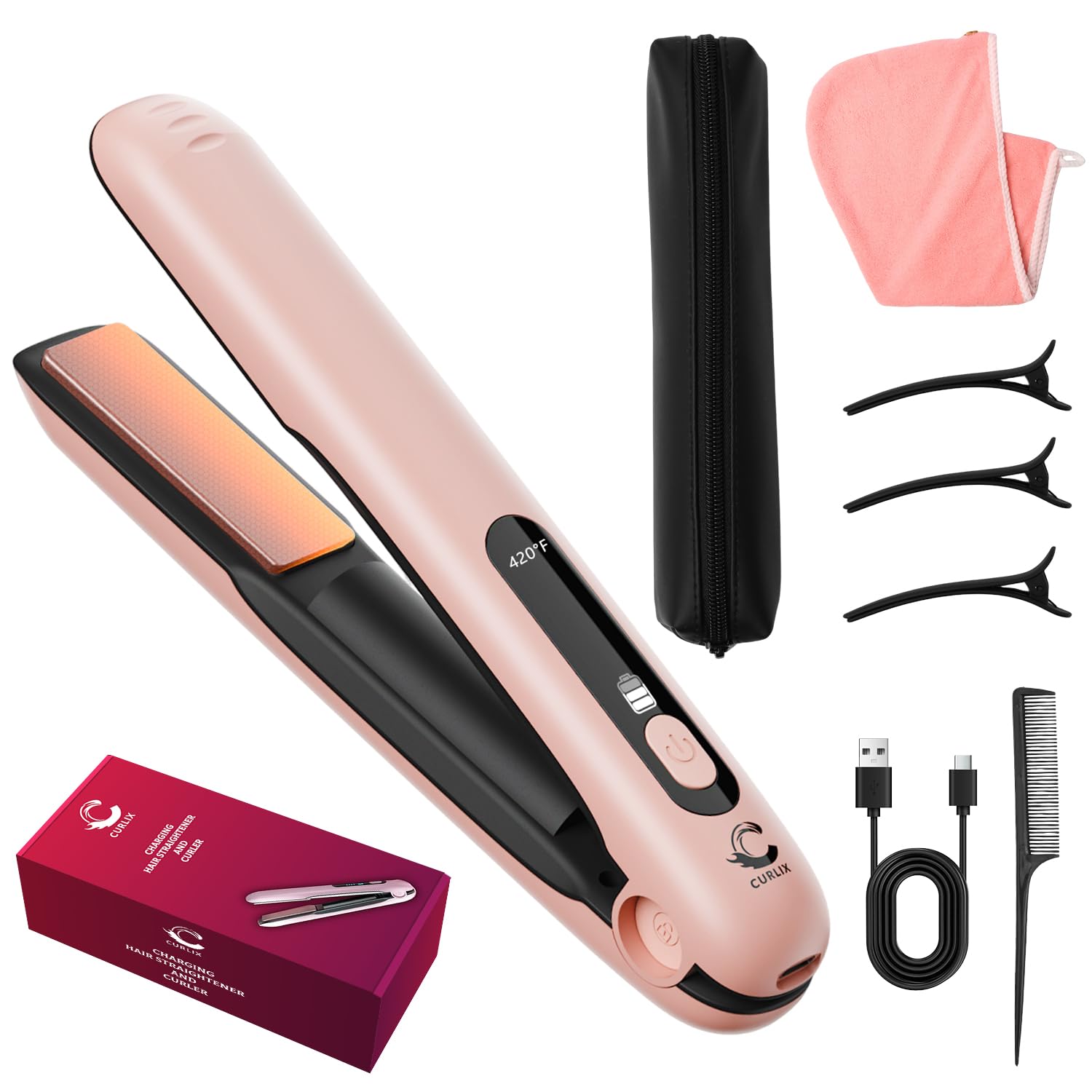 Curlix 2-in-1 cordless straightener-curler for fast on-the-go styling.