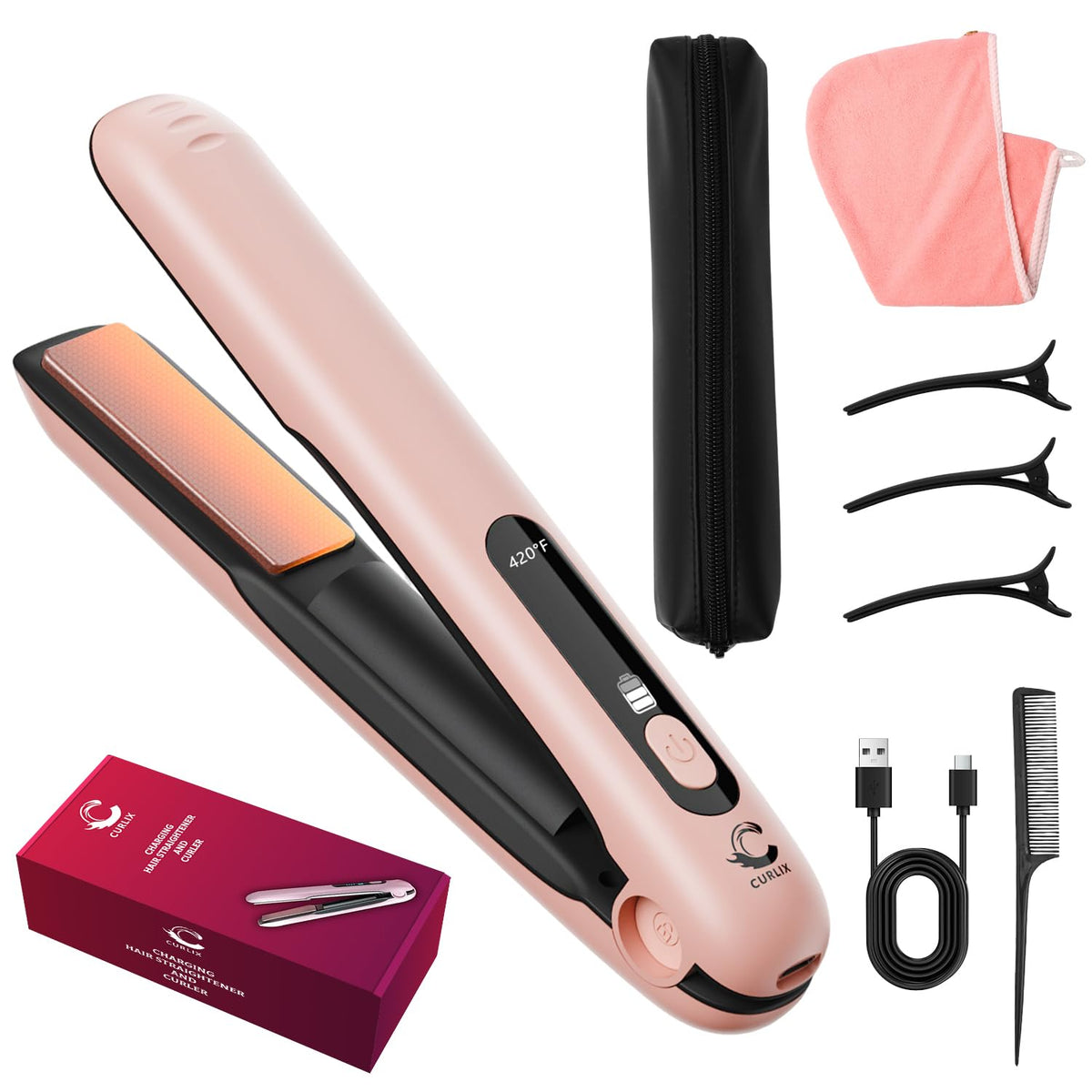 Curlix 2-in-1 cordless straightener-curler for fast on-the-go styling.