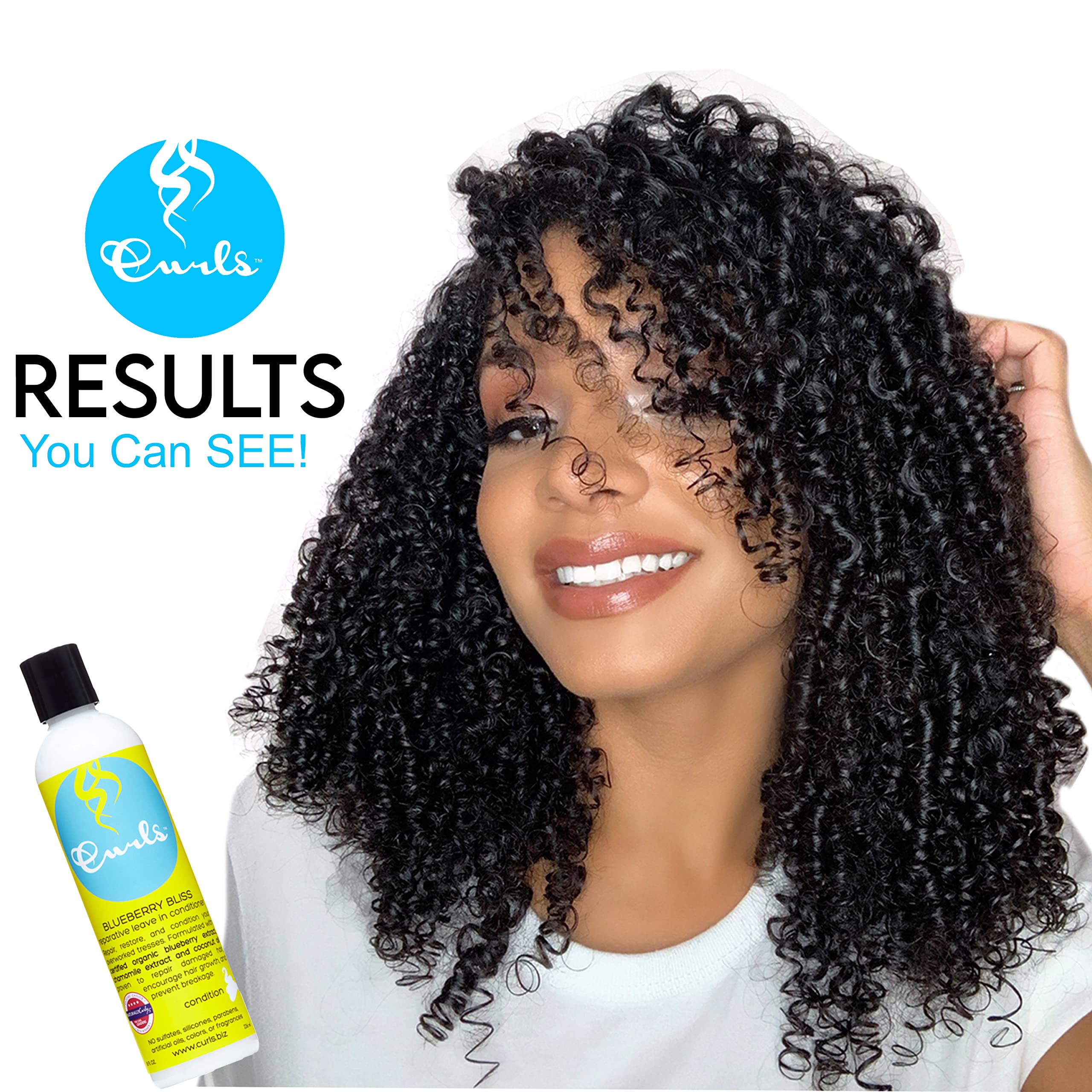 Curls Blueberry Bliss: aceite de semilla de uva y mantequilla de mango para brillo.