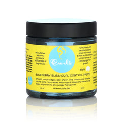 Curls Blueberry Bliss Control Paste en botella 4 oz para bordes suaves y brillo natural.