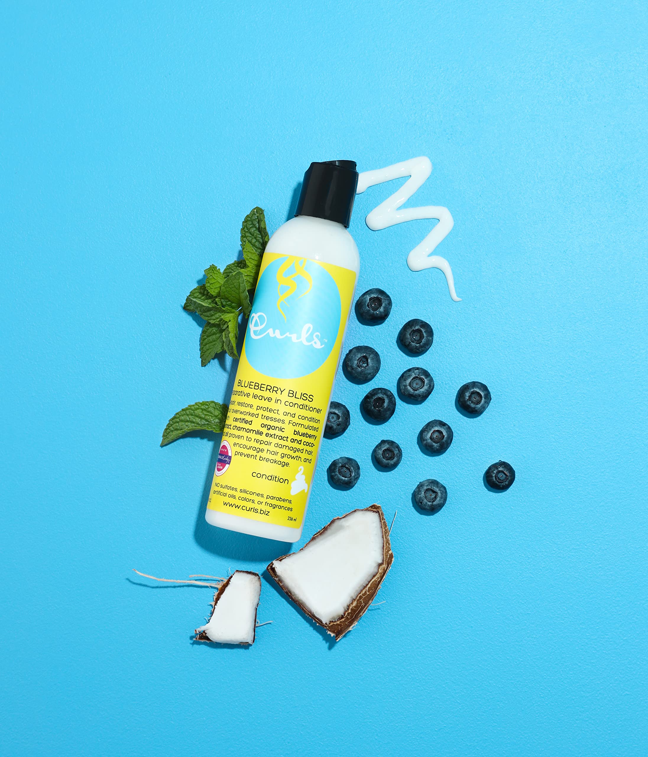 Curls Blueberry Bliss free-from label indicates no sulfates, silicones, or parabens.