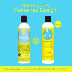 Curls Blueberry Bliss ingredients chart highlighting blueberry extract and natural oils.