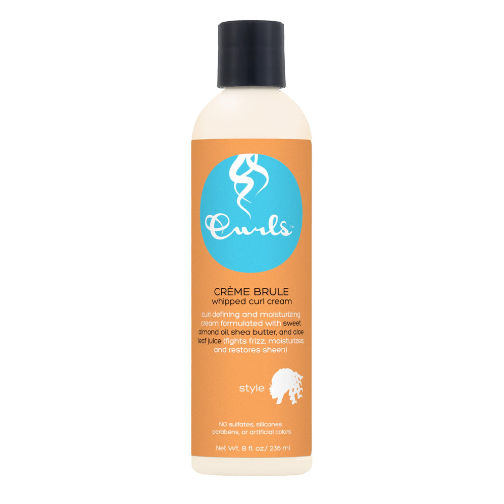 Curls Crème Brule bottle pour for frizz control and curl definition.