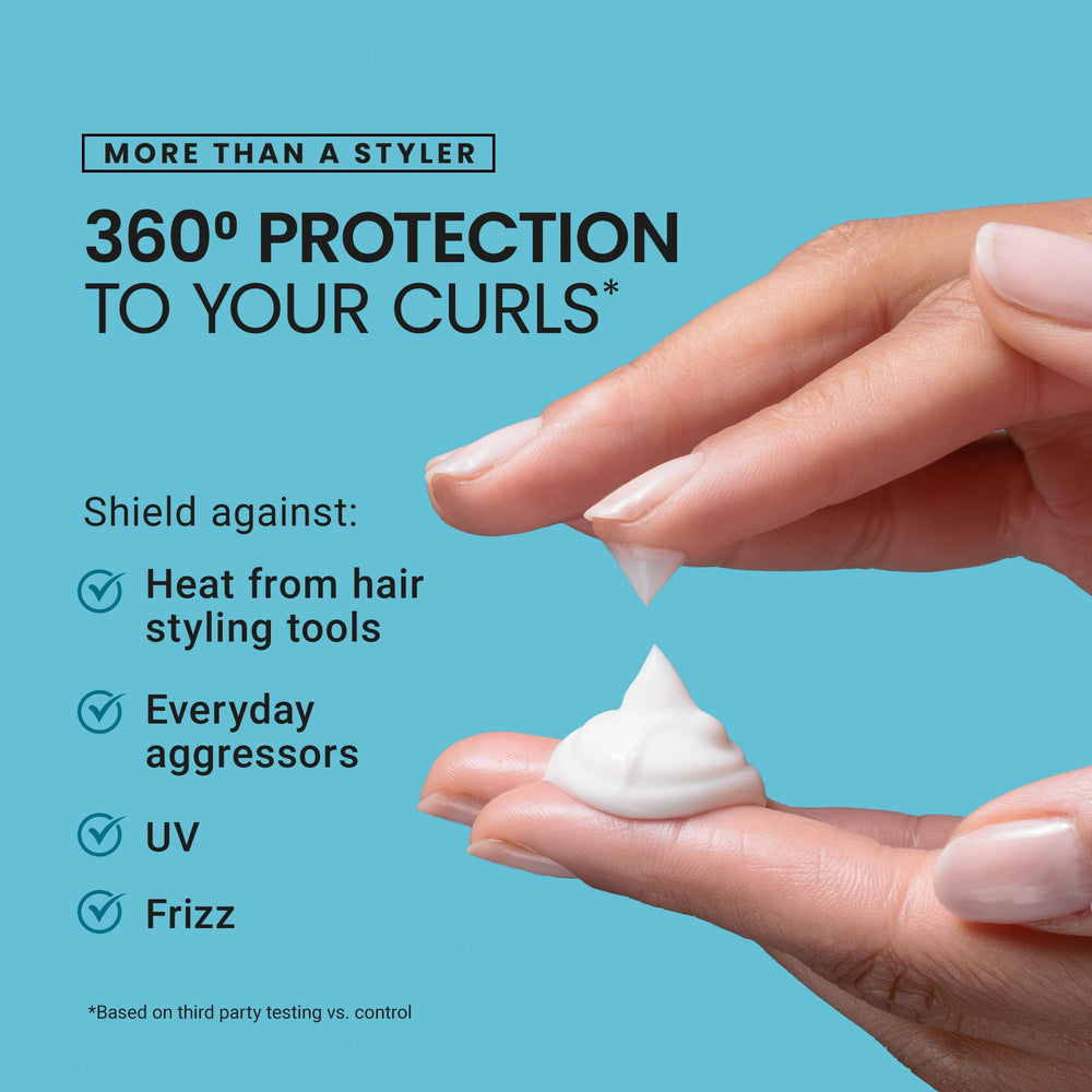 Curlsmith Awestruck Definition Cream hands applying product to hair for smooth definition