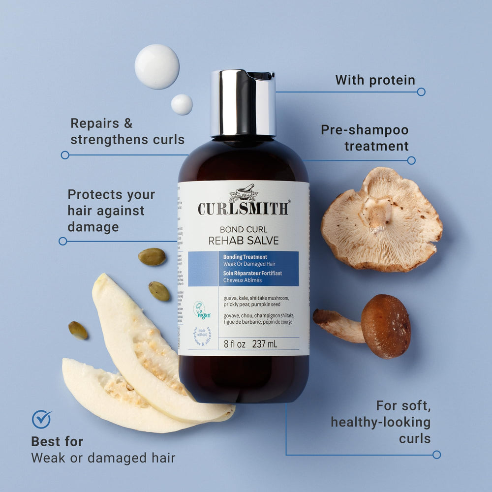 CURLSMITH Bond Curl Rehab Salve, primer plano de ingredientes clave, nutrición y fortaleza capilar.