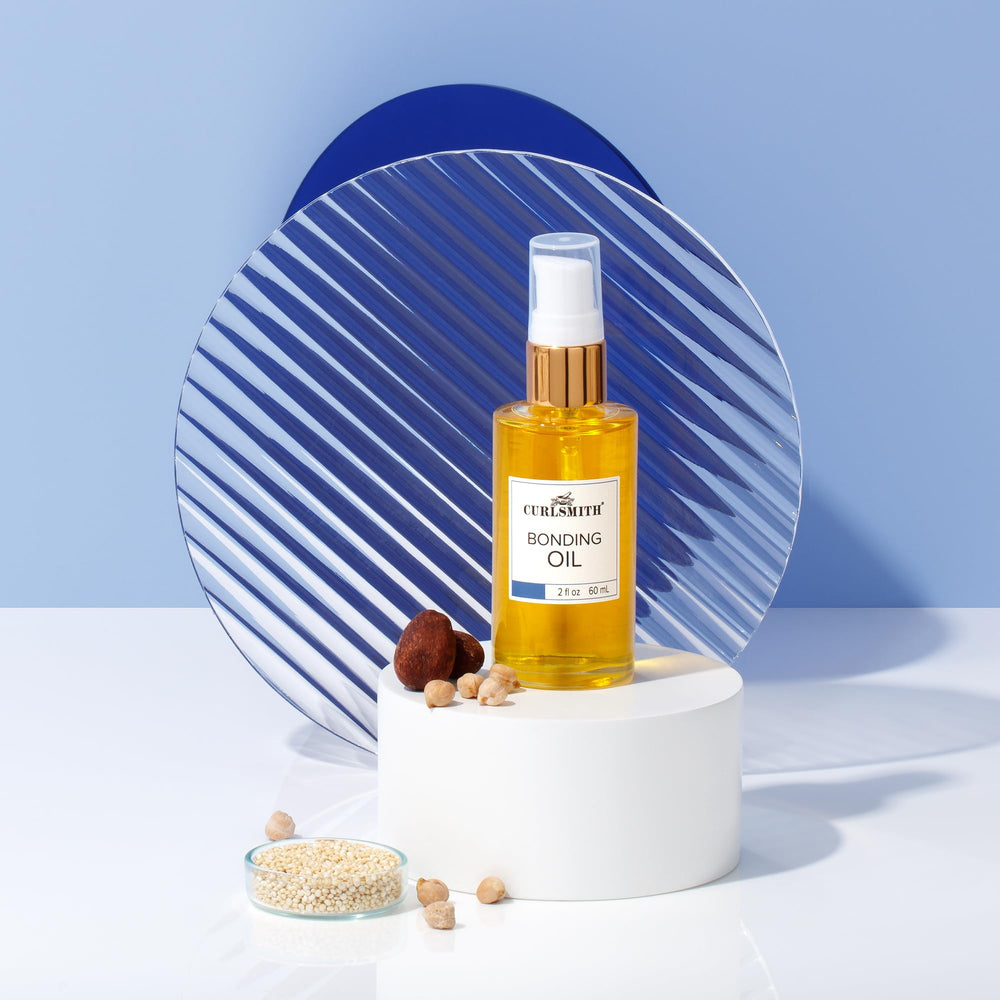 Curlsmith Bonding Oil label emphasizing vegan and cruelty-free credentials.