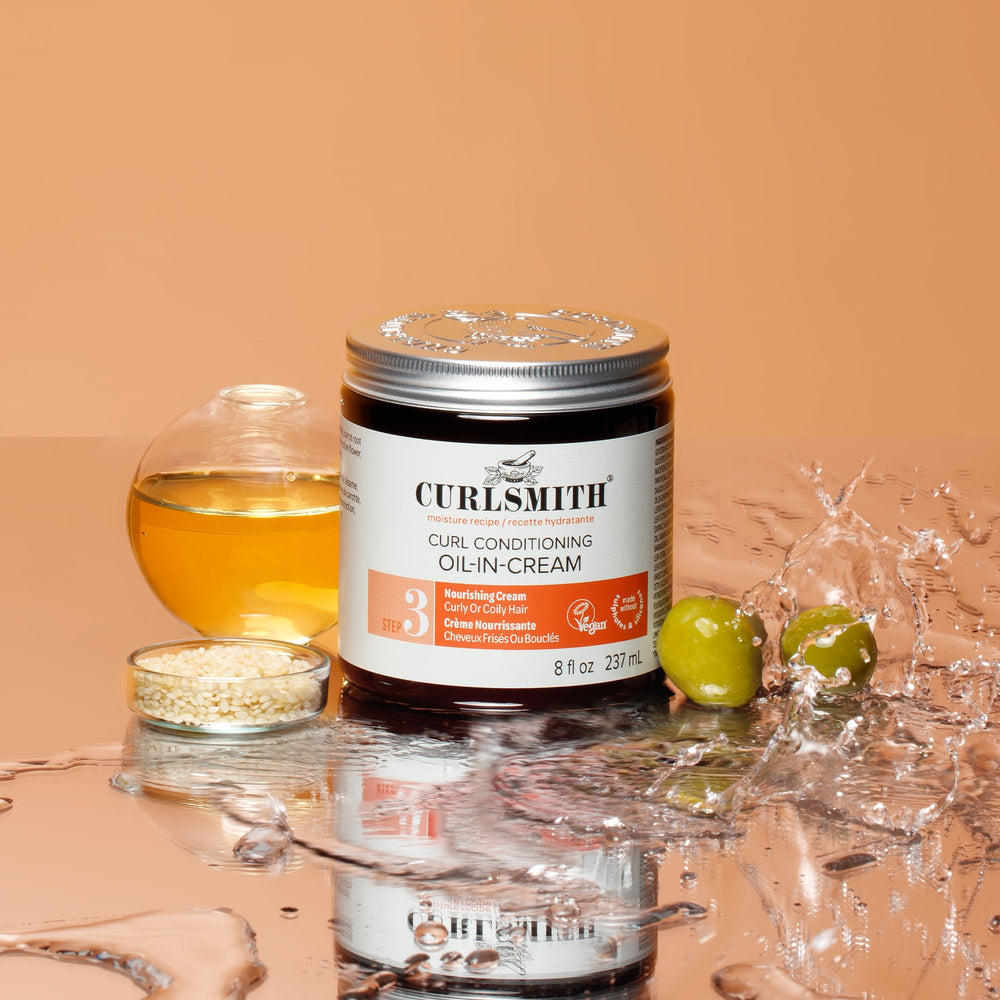 Label details reveal vegan and color-safe benefits of Curlsmith oil-in-cream