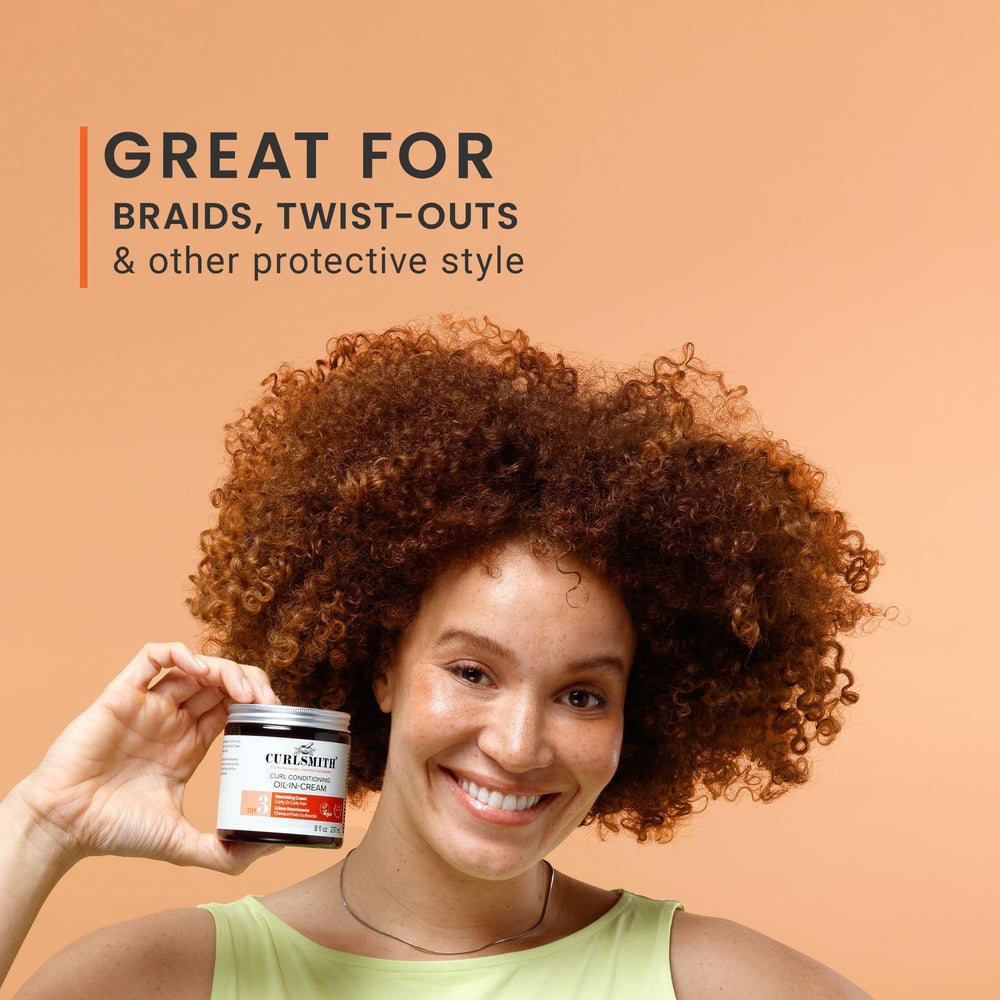 Product shot highlighting nourishing formula of Curlsmith Curl Conditioning Oil in Cream