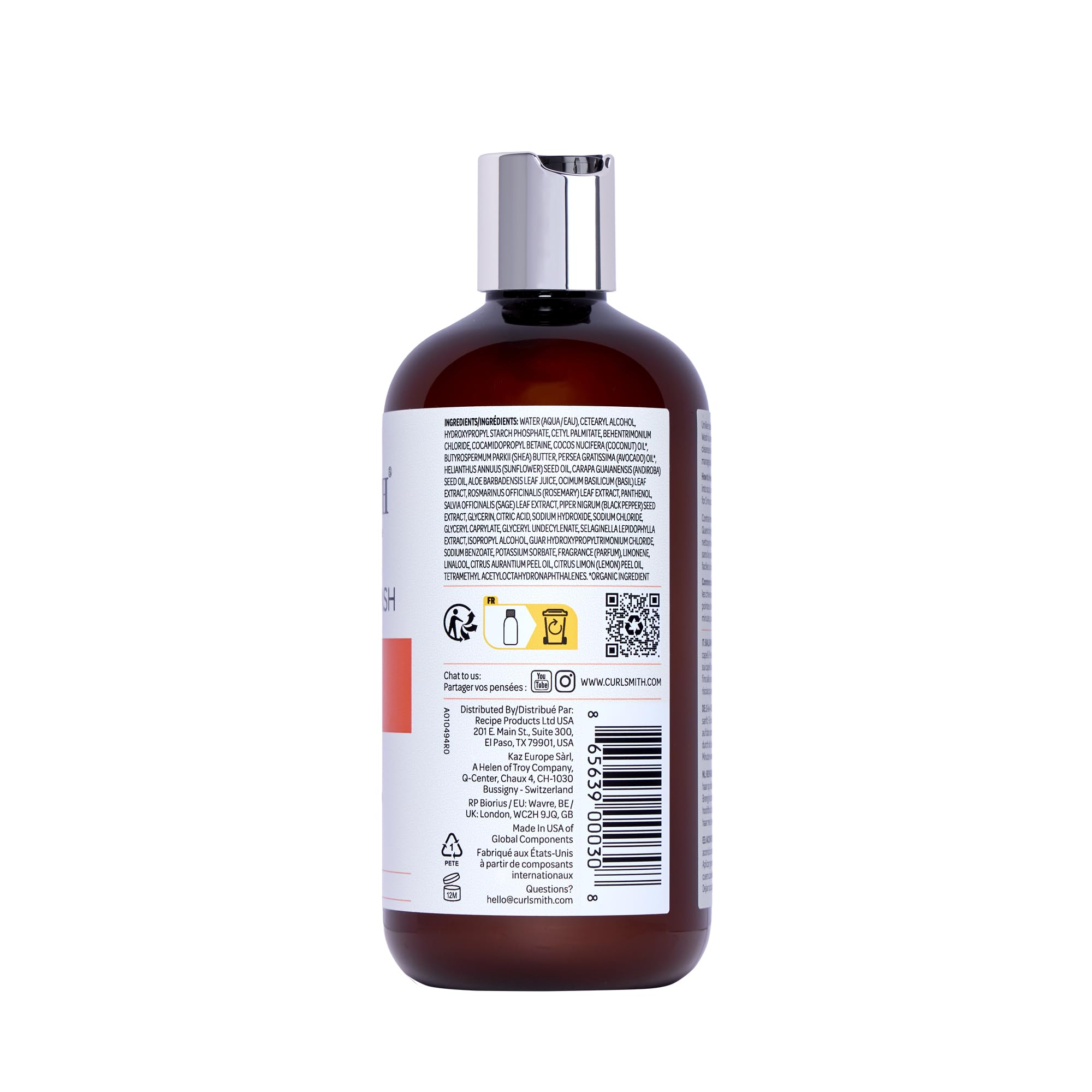 Curlsmith Curl Quenching Conditioning Wash bottle on bathroom shelf signals CG-friendly vegan formula.