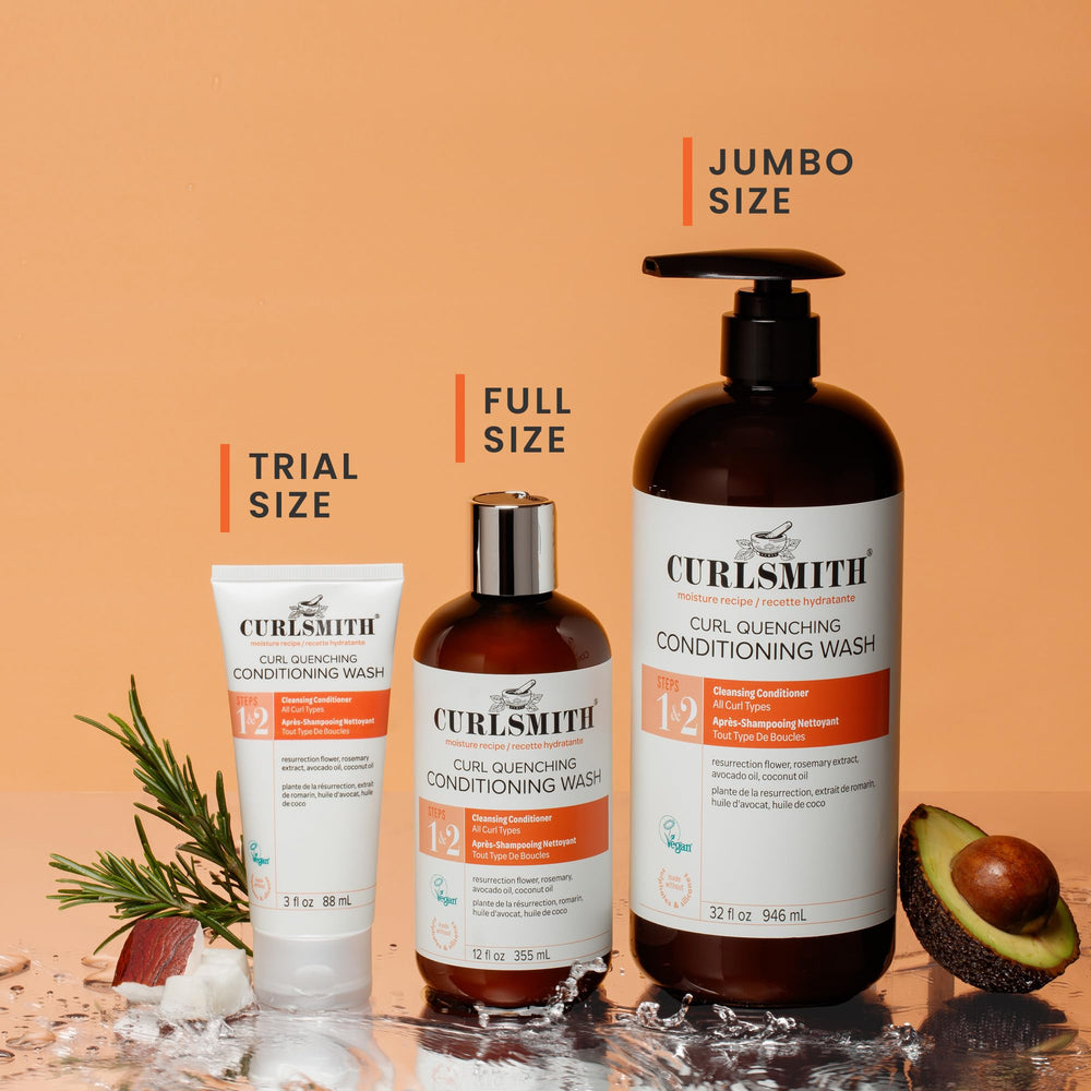 Curlsmith Curl Quenching Conditioning Wash display with 12 oz bottle highlights hydration.