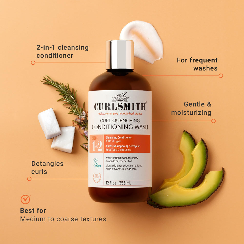 Curlsmith Curl Quenching Conditioning Wash label highlighting 2-in-1 cleansing and conditioning.