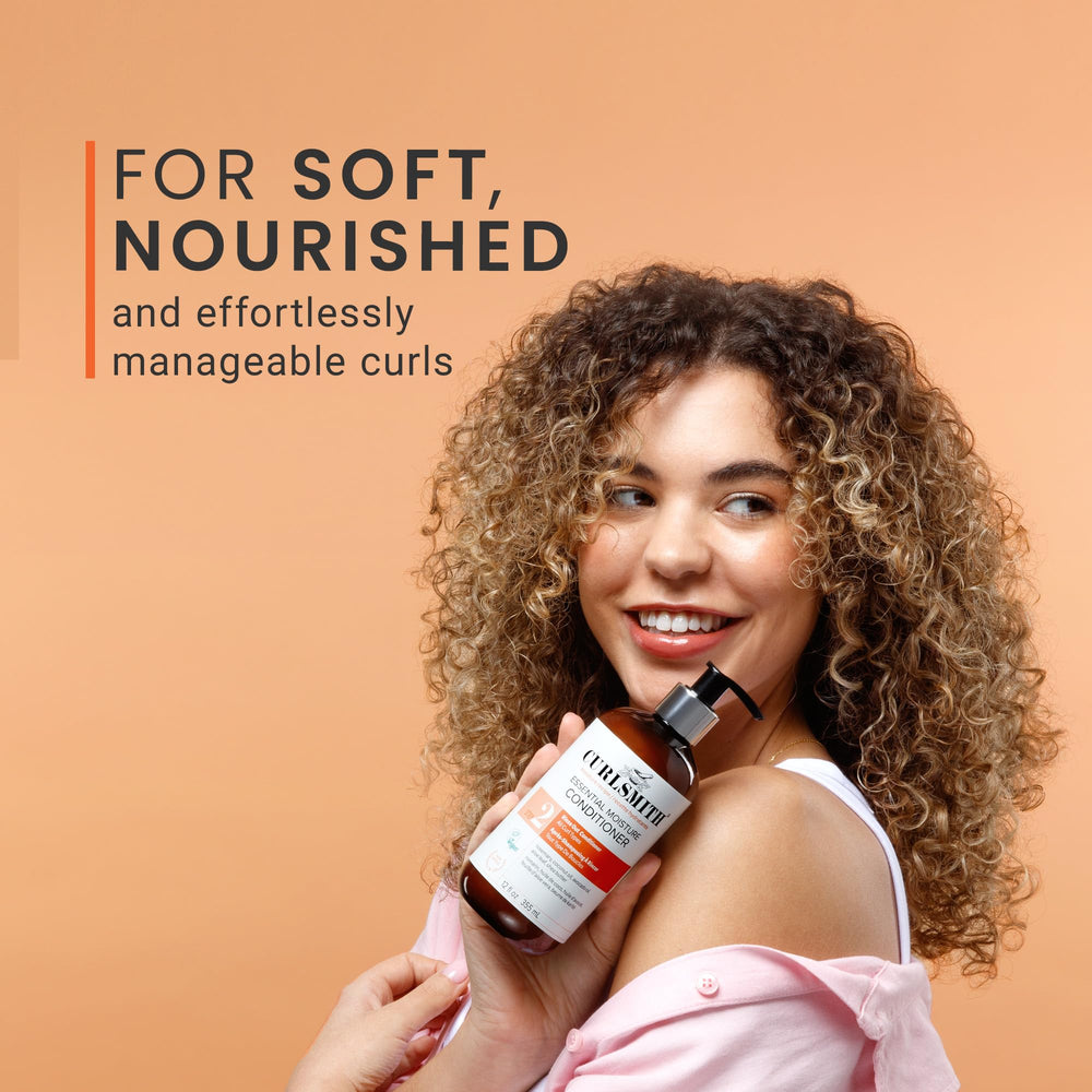Cruelty-free crest on CURLSMITH Essential Moisture Conditioner packaging.