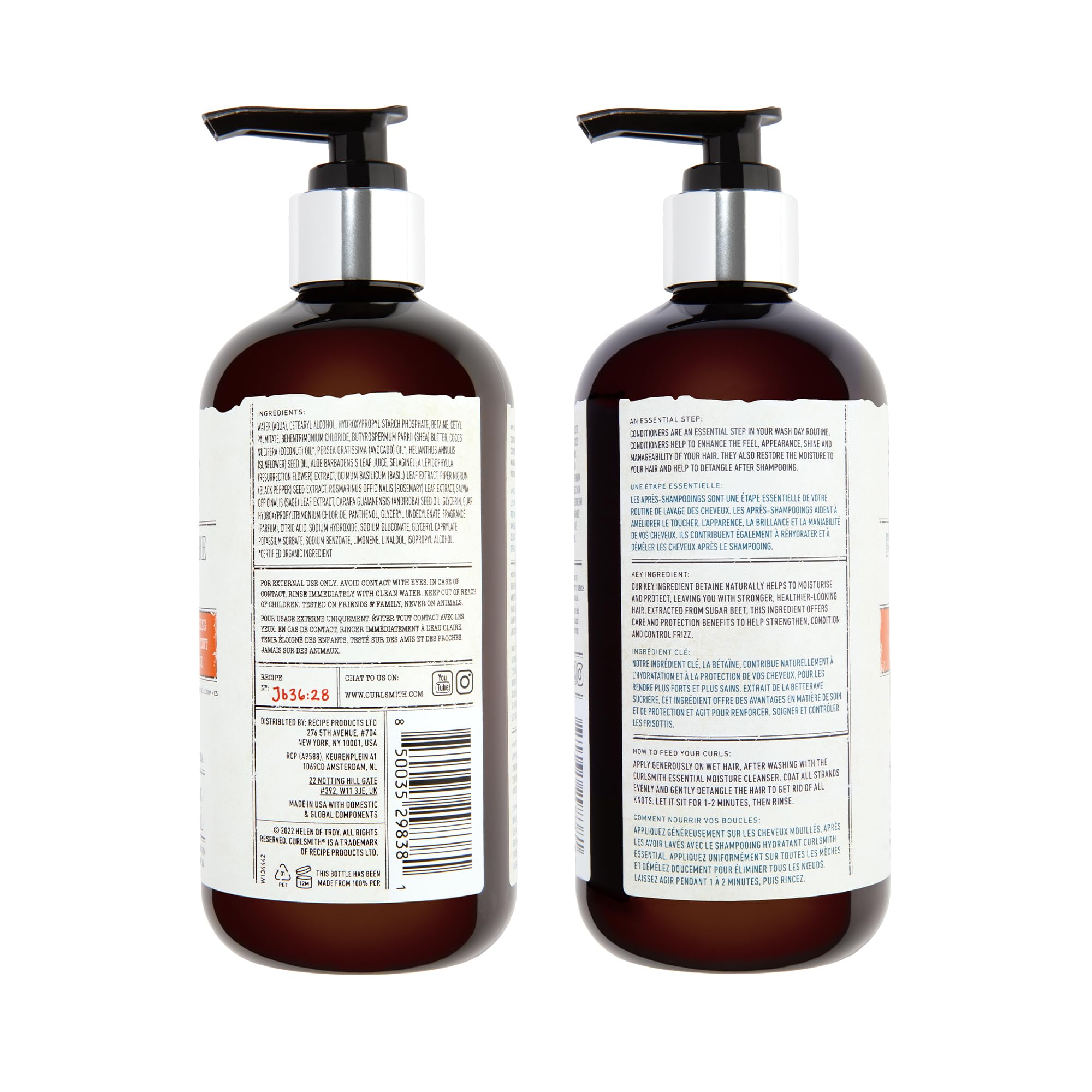 Close-up of CURLSMITH Essential Moisture Conditioner label with color-safe and vegan credentials.