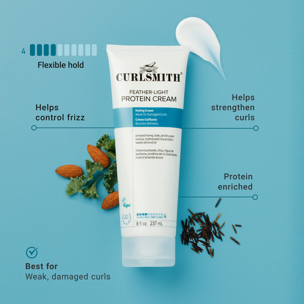 Close-up texture of CURLSMITH Feather Light Protein Cream for smooth curls.