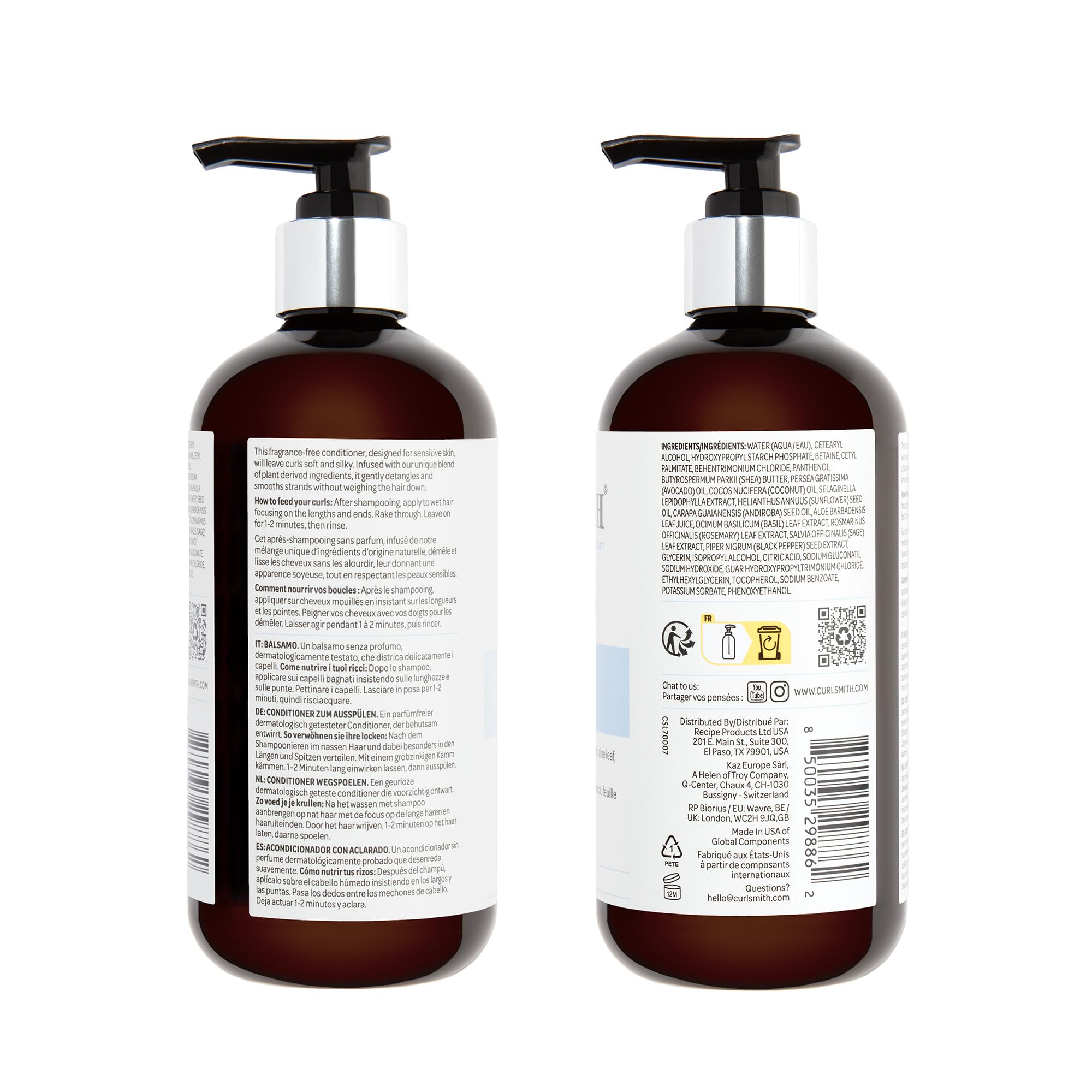 CURLSMITH fragrance-free conditioner bottle back view highlighting fragrance-free formula.