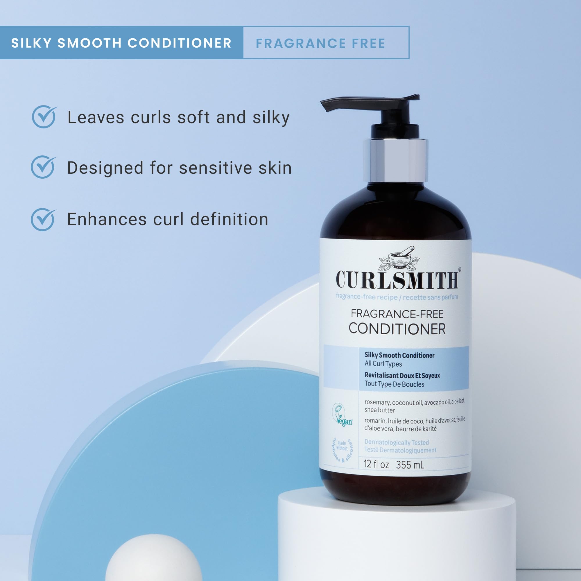 CURLSMITH fragrance-free conditioner shown on wash day for routine curl care.