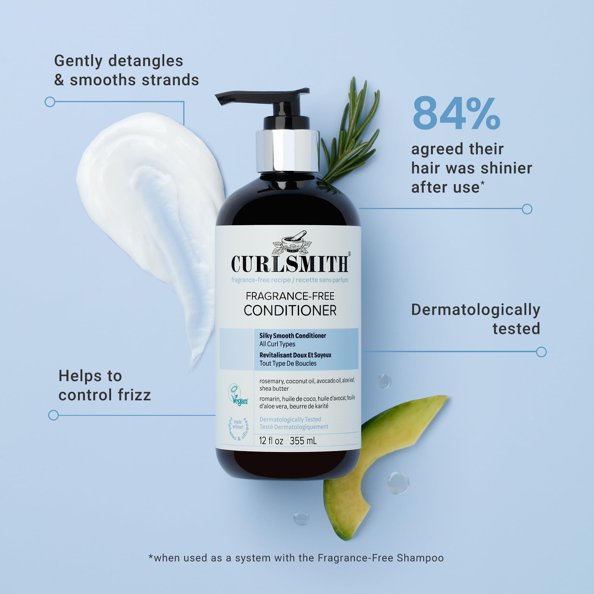 CURLSMITH fragrance-free conditioner ingredients with shea butter and coconut oil for nourishing curl care.