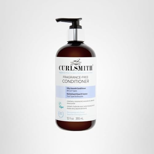 CURLSMITH fragrance-free conditioner packaging emphasizing fragrance-free, dermatologist-tested features.