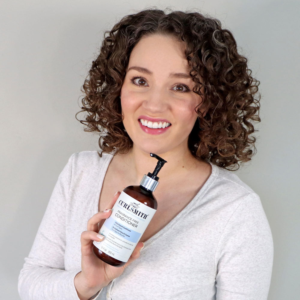 CURLSMITH fragrance-free conditioner shown as part of a system with the fragrance-free shampoo.