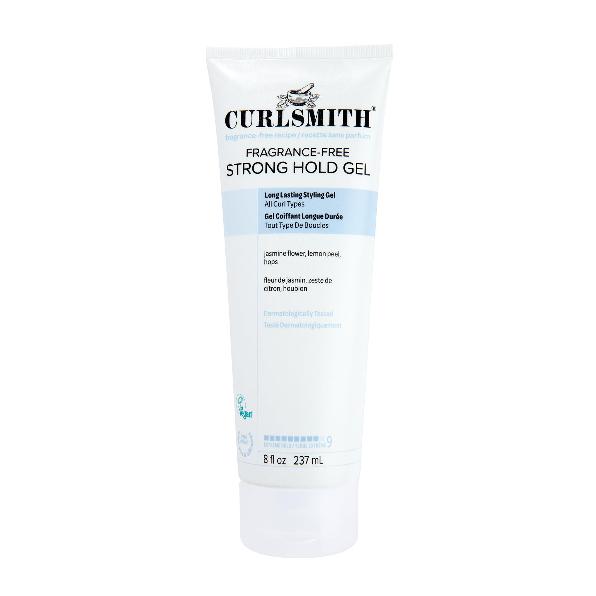 CURLSMITH fragrance-free strong hold gel bottle promotes long-lasting curl definition