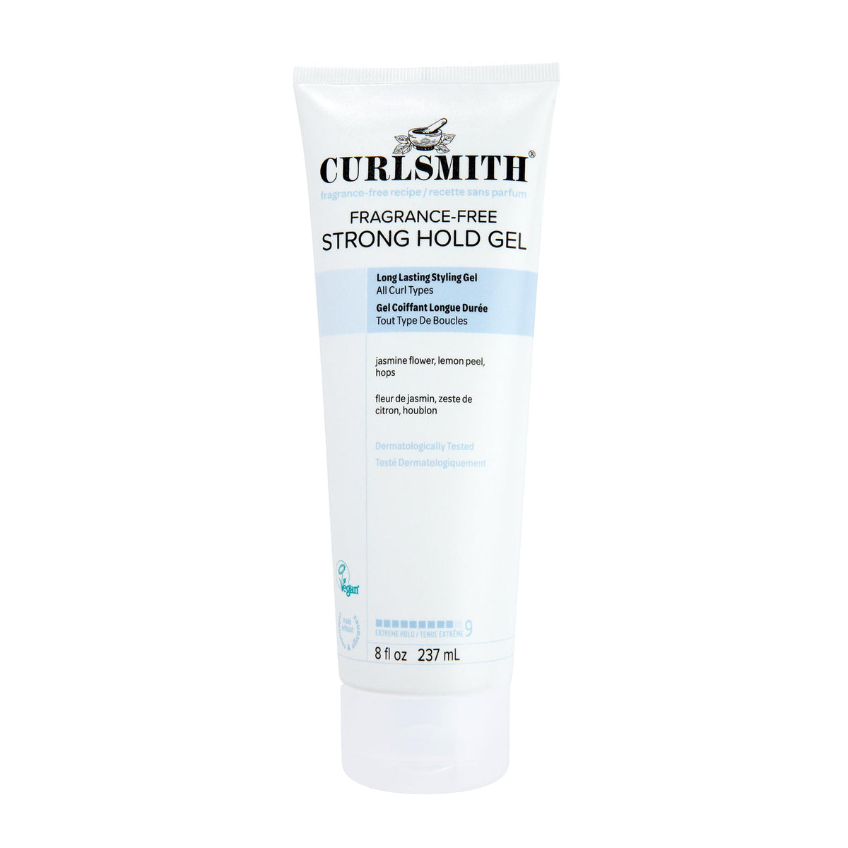 CURLSMITH fragrance-free strong hold gel bottle promotes long-lasting curl definition