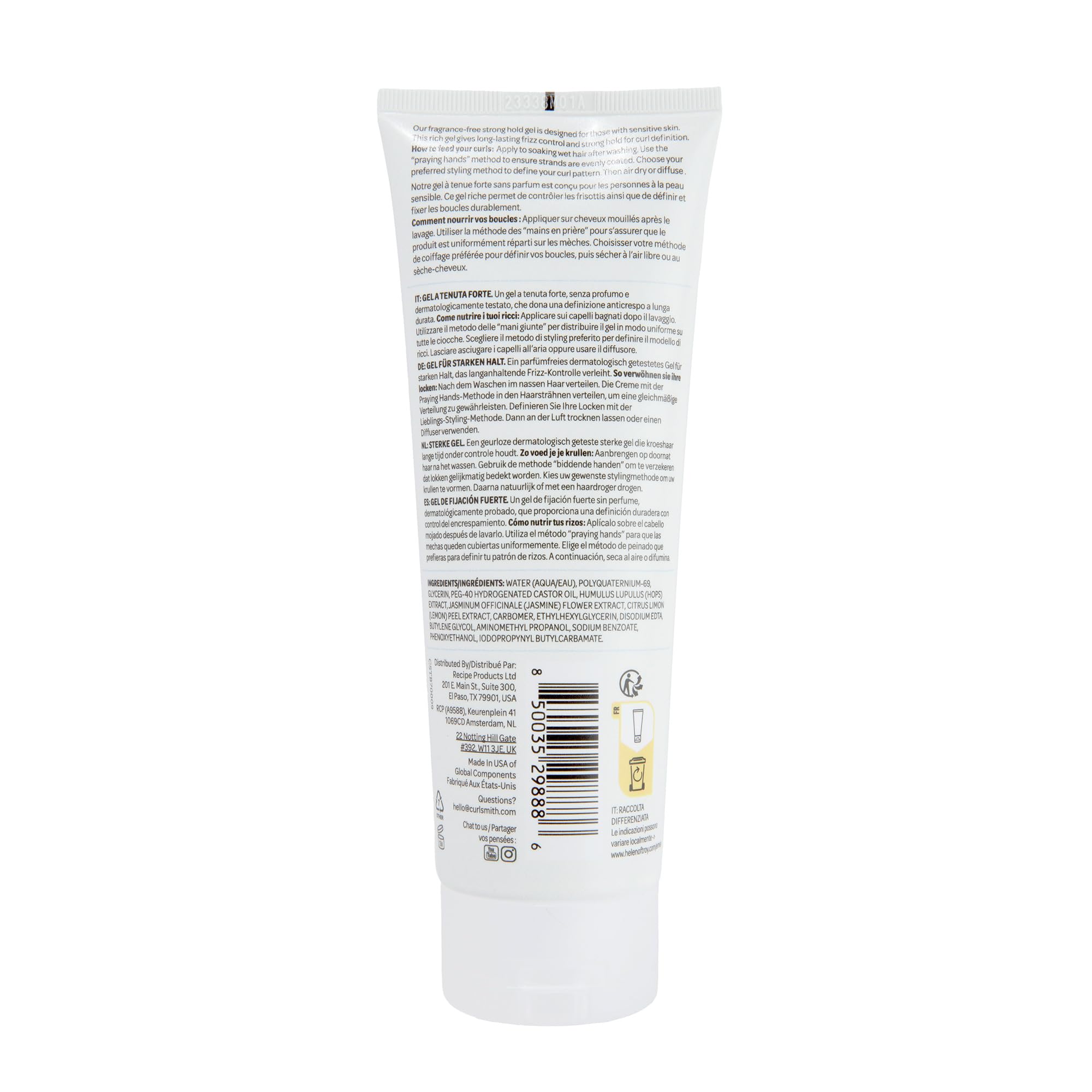 CURLSMITH fragrance-free gel bottle shown in routine for lasting hold