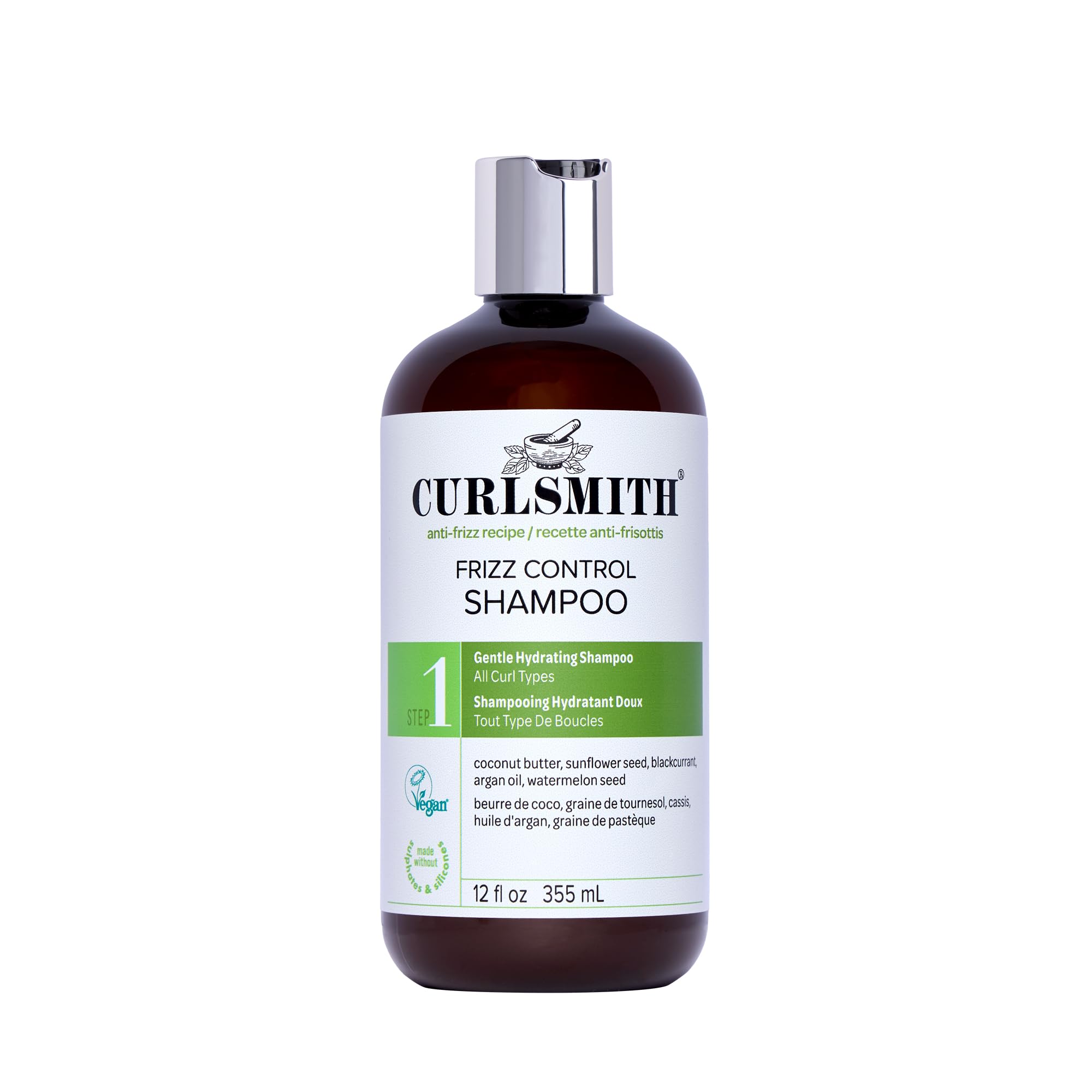 CURLSMITH Frizz Control Shampoo bottle showcases frizz-fighting action for defined curls.