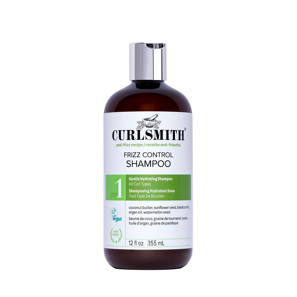CURLSMITH Frizz Control Shampoo bottle showcases frizz-fighting action for defined curls.