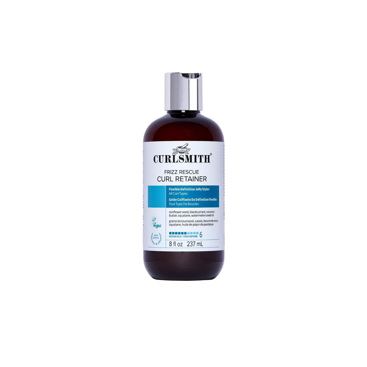 CurlSmith Frizz Rescue bottle pour demonstrates easy application for frizz-prone curls
