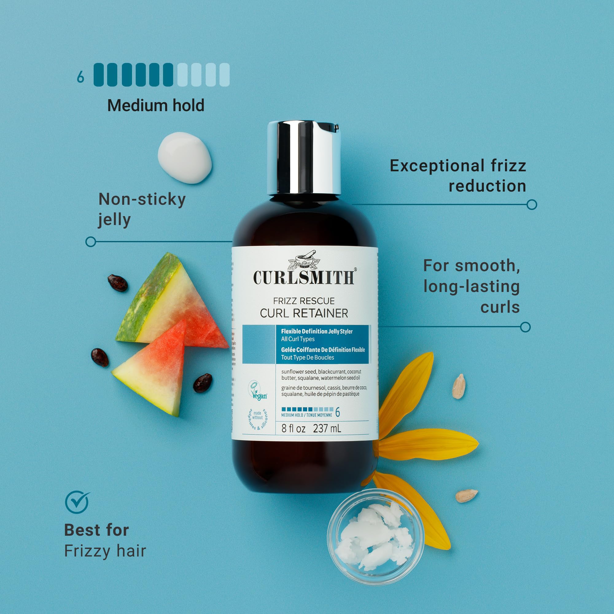 CurlSmith Frizz Rescue tri-oil ingredients image emphasizes sunflower, watermelon, and argan oils