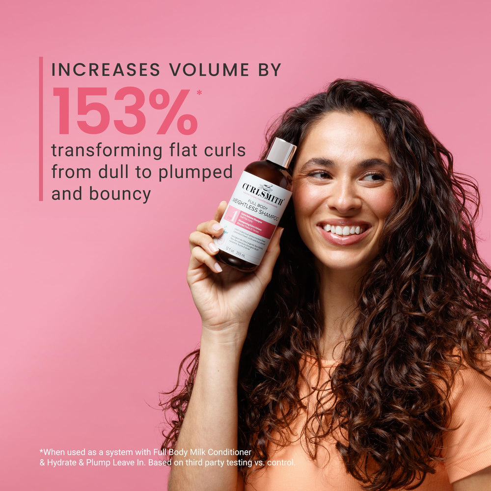 CURLSMITH Full Body Weightless Shampoo vegan formula highlighted in the product shot.