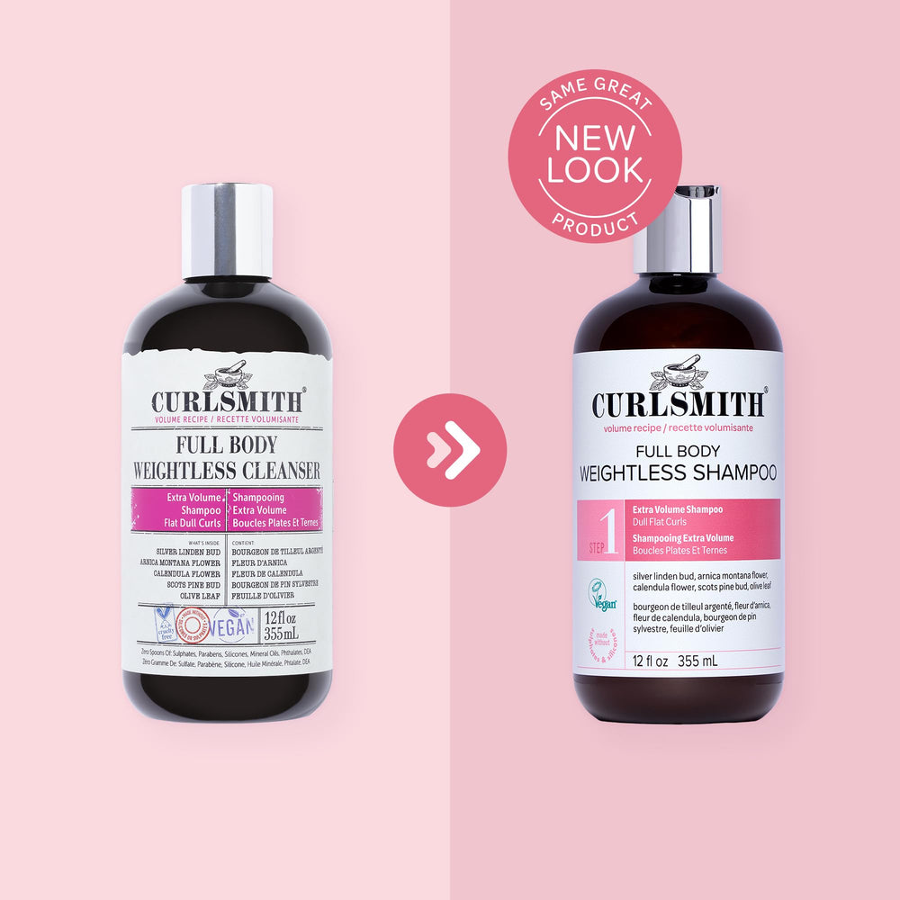 CURLSMITH Full Body Weightless Shampoo bottle with creamy foam suggests gentle cleansing and softness.